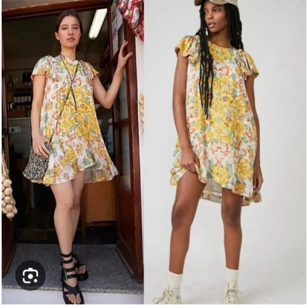 Free People Yara Mini Dress Size M Yellow Floral Bohemian Cottage Flutter Sleeve